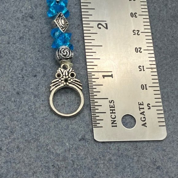 Toggle Bracelet 8 In Silver Diamond Flower Cyan Blue Faceted Bead Retro Cottage - Picture 4 of 5